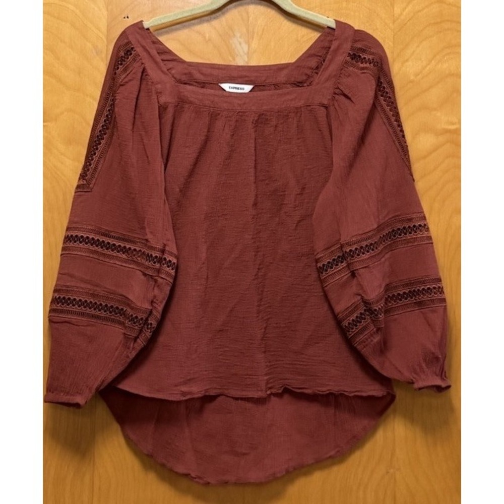 Express Womens Square‎ Neck Tunic Long Sleeve Tunic Blouse Boho Prairie Rust M